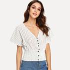 Shein Batwing Sleeve Shirred Hem Button Up Striped Blouse