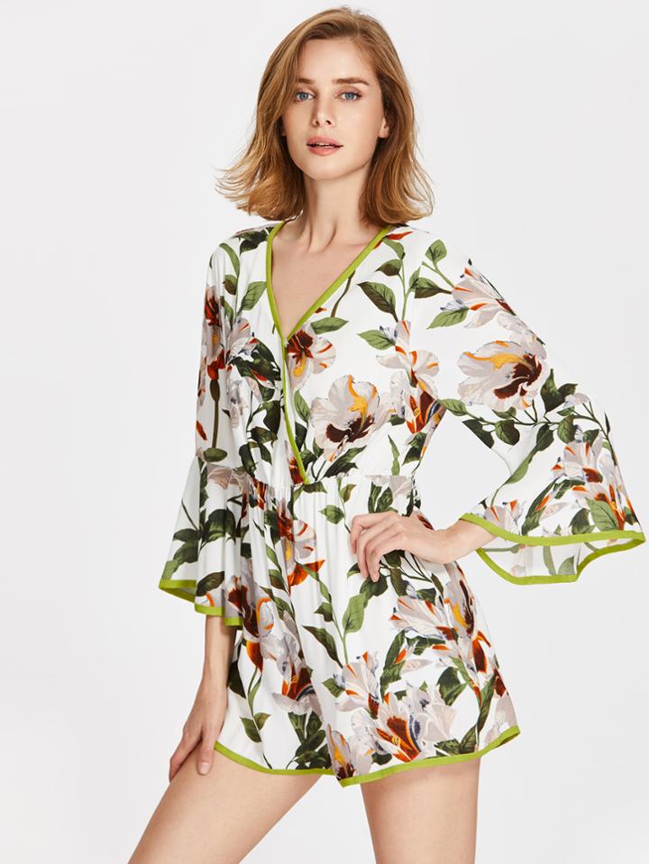 Shein Contrast Binding Trumpet Sleeve Botanical Wrap Playsuit