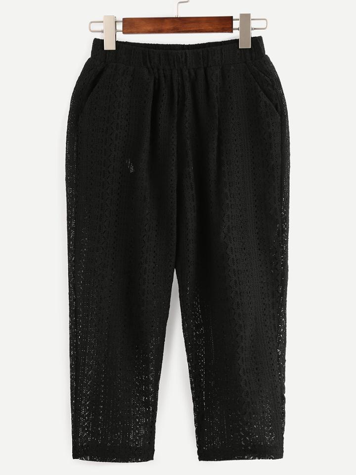 Shein Black Elastic Waist Hollow Out Lace Pants
