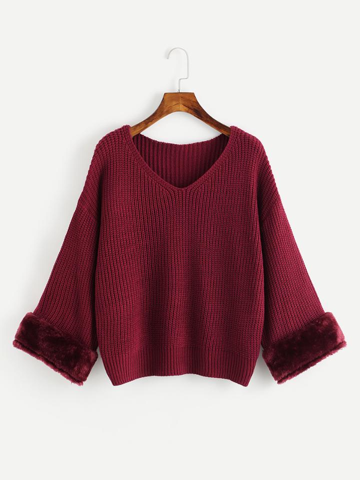 Shein V Neckline Fur Cuff Texture Knit Sweater