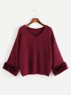 Shein V Neckline Fur Cuff Texture Knit Sweater