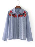 Shein Embroidery Cut Out Cuff Pinstripe Blouse