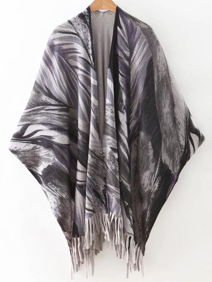 Shein Grey Printed Fringe Poncho Scarf