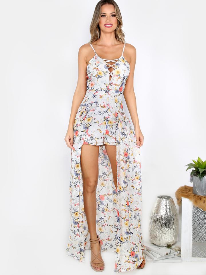 Shein Floral Criss Cross Maxi Romper Ivory