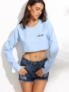 Shein Blue Letters Embroidered Pocket Split Crop T-shirt