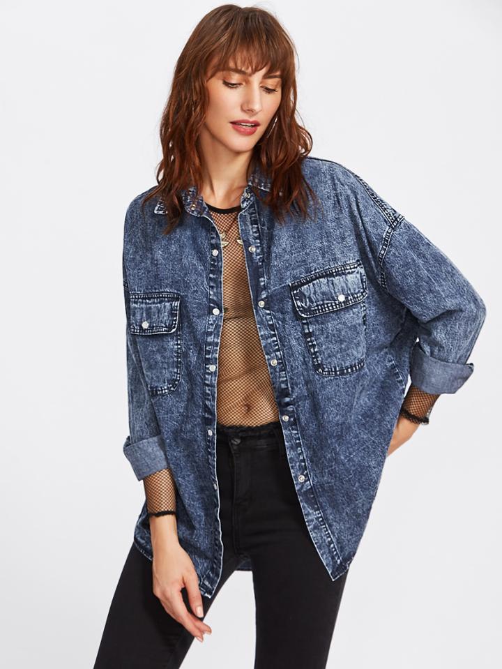 Shein Drop Shoulder Dolphin Hem Denim Jacket