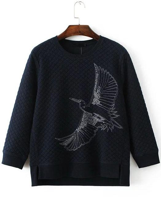 Shein Navy Eagle Embroidery Dip Hem Quilted Sweatshirt