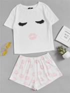 Shein Face Print Top And Red Lip Shorts Pajama Set