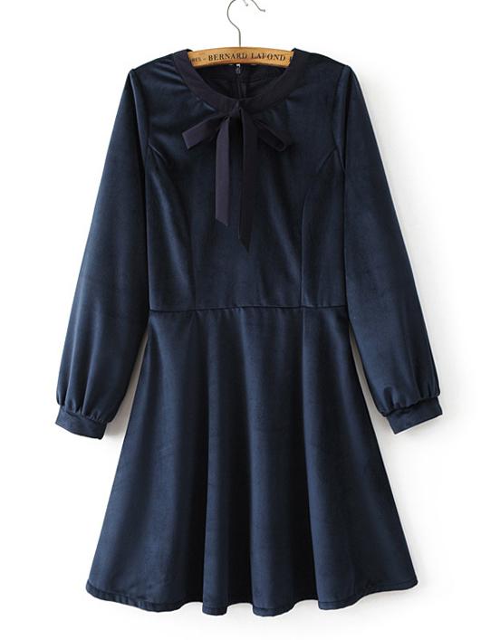 Shein Navy Velvet Bow Detail Skater Dress