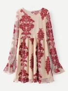Shein Flounce Sleeve Embroidered Mesh Overlay Dress