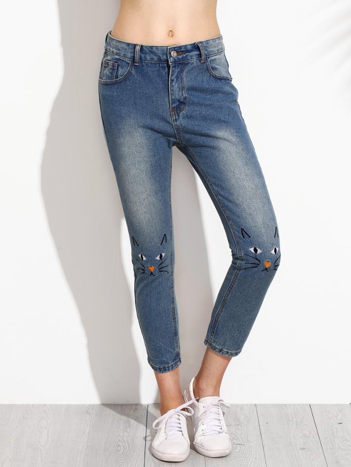 Shein Blue Bleached Cat Embroidered Ankle Jeans