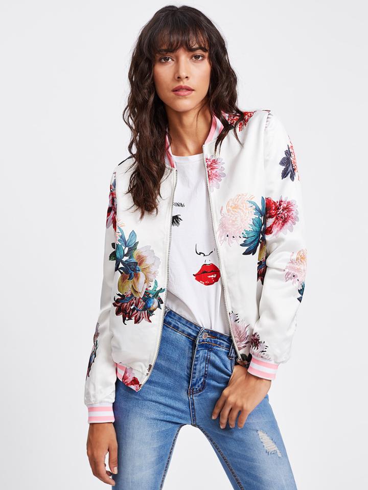 Shein Striped Trim Floral Bomber Jacket