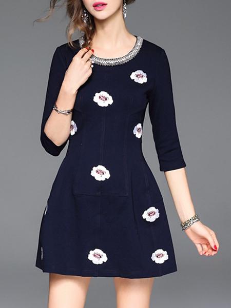 Shein Navy Flowers Print Pockets A-line Dress