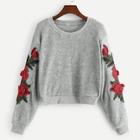 Shein Floral Appliques Drop Shoulder Teddy Sweatshirt