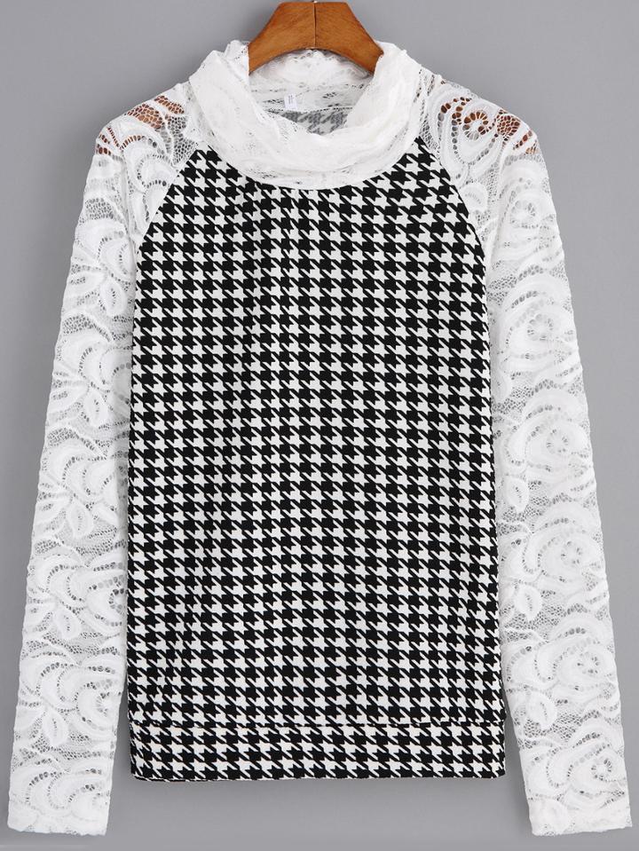 Shein Black White Houndstooth Lace Sleeve Blouse