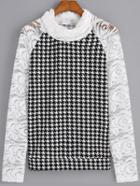 Shein Black White Houndstooth Lace Sleeve Blouse