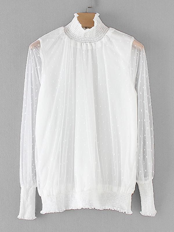 Shein Shirred Trim Sheer Mesh Blouse