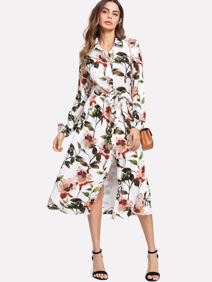 Shein Lantern Sleeve Self Belted Shirt Dress