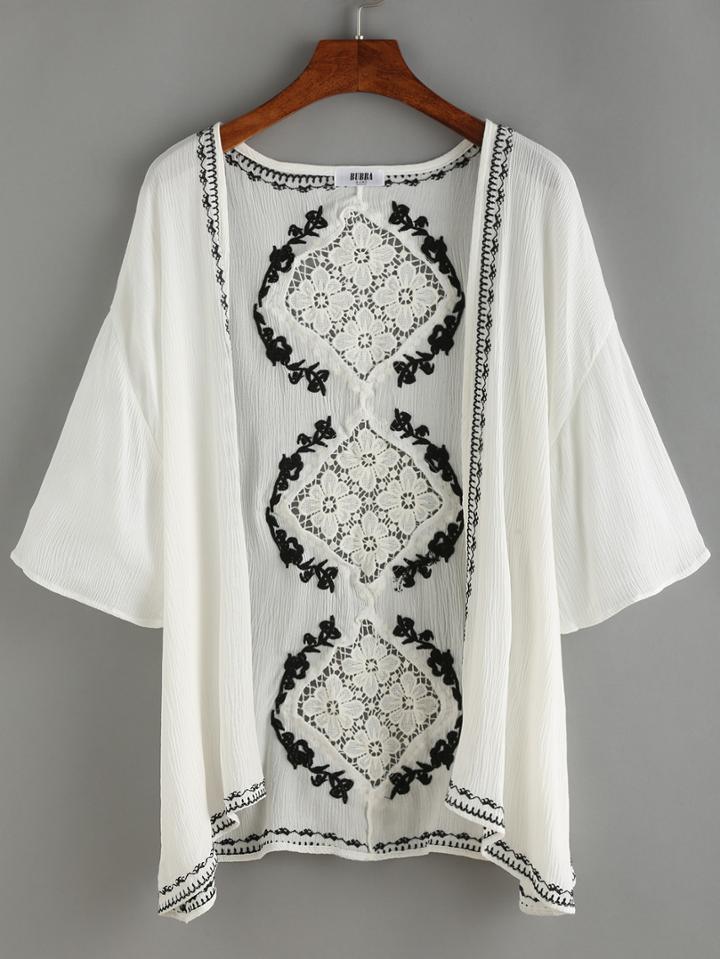 Shein Hollow Out Crochet Back Embroidery Blouse