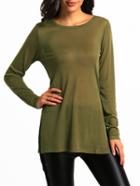 Shein Army Green Long Sleeve Split Side Casual T-shirt