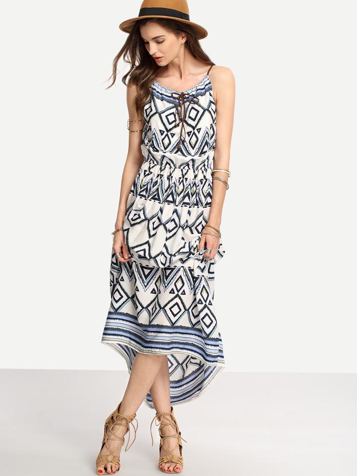 Shein White Tie-neck Geometric Print Cami Long Dress