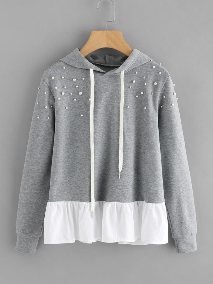 Shein Pearl Beaded Contrast Frill Hem Hoodie