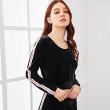 Shein Letter Tape Velvet Crop Hoodie & Pants Pj Set