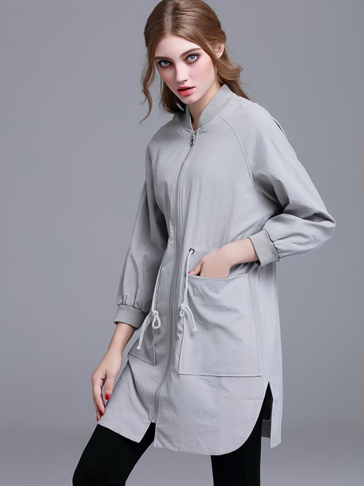Shein Pale Grey Drawstring Waist Zipper Front Outerwear