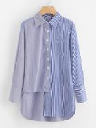 Shein Contrast Striped Asymmetrical Hem Chest Pocket Shirt