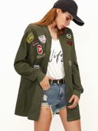 Shein Olive Green Pocket Front Bomber Jacket With Patch Detail