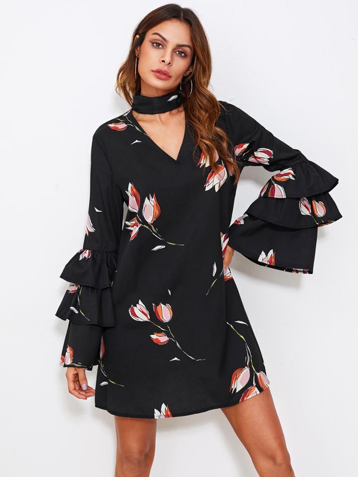 Shein Choker Neck Layered Bell Sleeve Dress