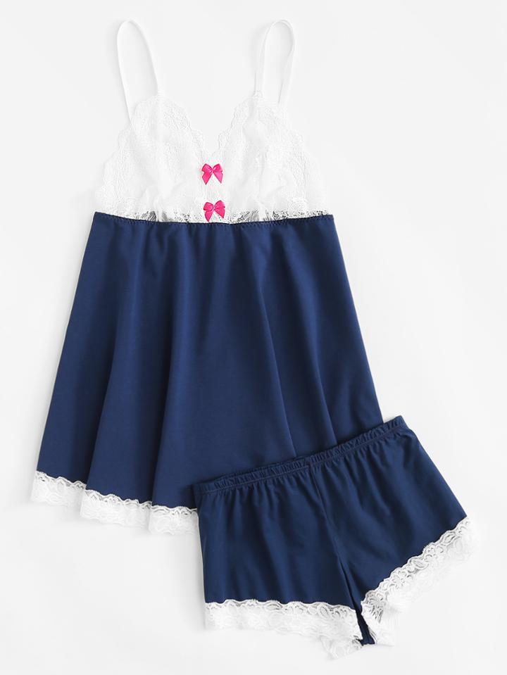 Shein Contrast Lace Cami And Shorts Pajama Set