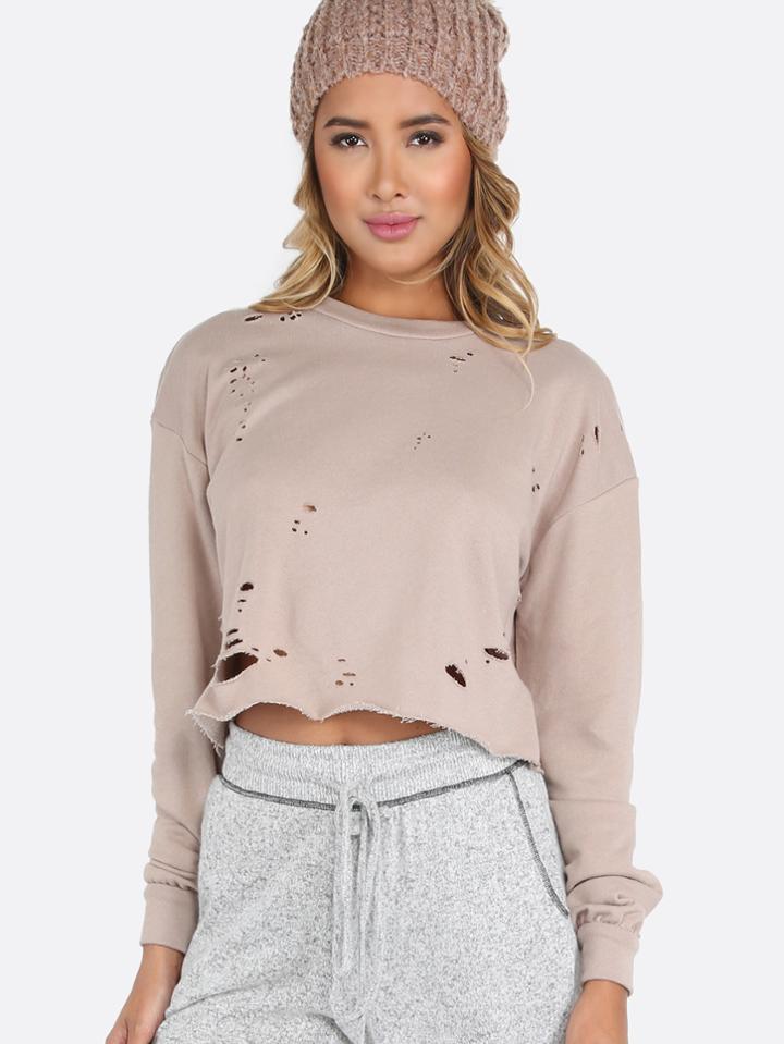 Shein Distressed Cropped Pullover Pink