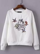 Shein White Round Neck Bird Embroidered Grid Sweatshirt
