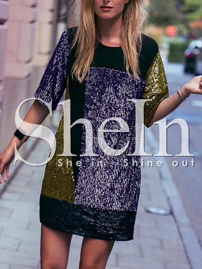 Shein Black Color Block Sequined Dress