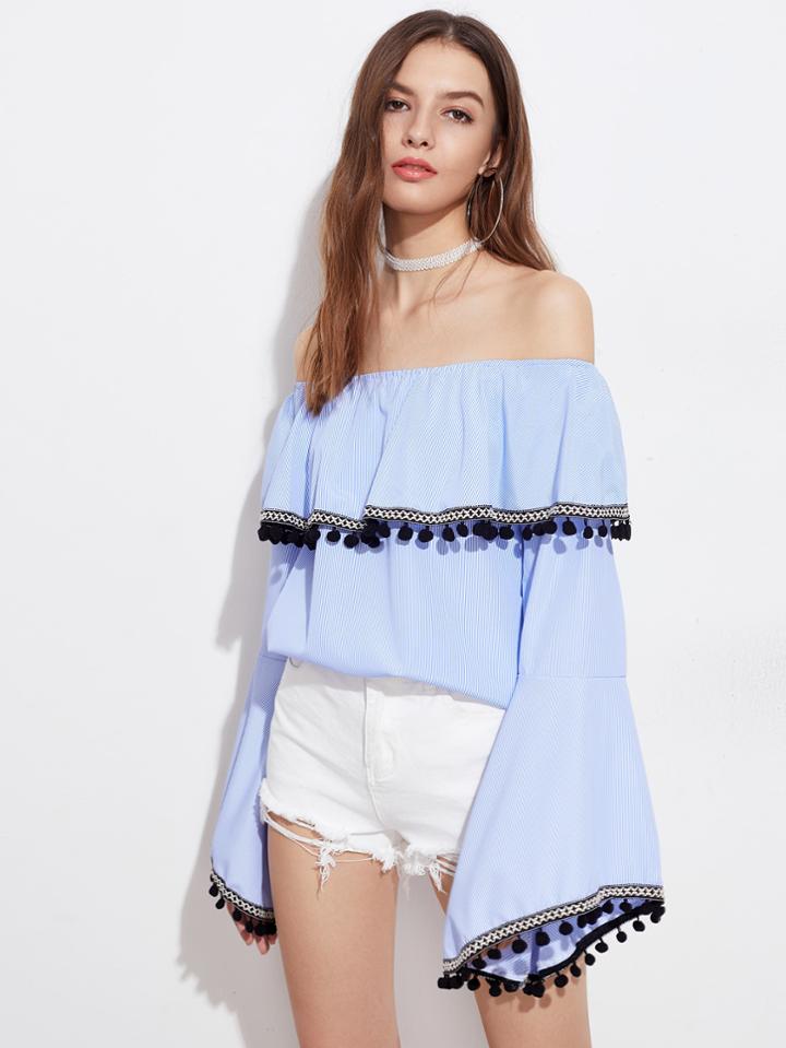 Shein Frill Layered Neckline Pinstripe Embroidered Tape Pom Pom Top