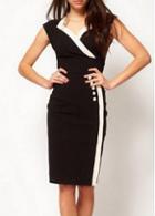 Rosewe Solid Black Skinny Empire Waist Edging Dress With Button