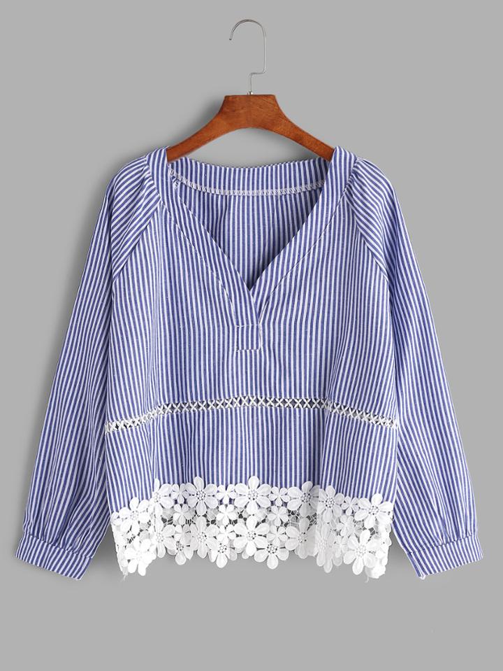 Shein Blue Vertical Striped V Neck Contrast Crochet Hem Blouse