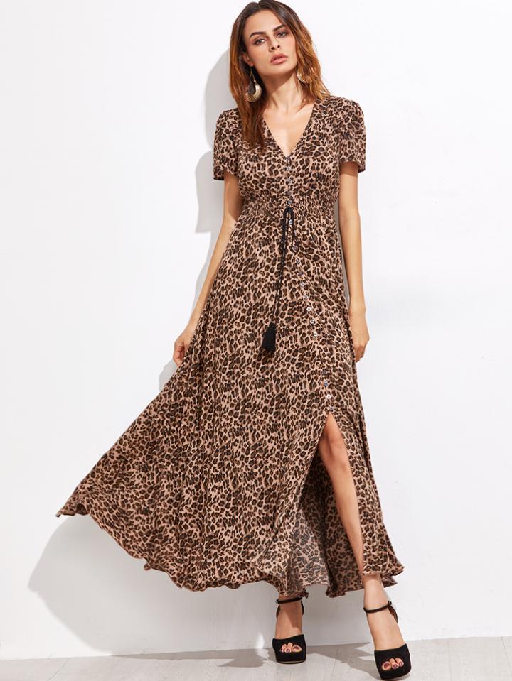 Shein Coffee Leopard Fringe Detail Split Dress