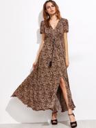Shein Coffee Leopard Fringe Detail Split Dress