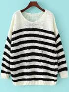 Shein Black White Round Neck Striped Loose Sweater