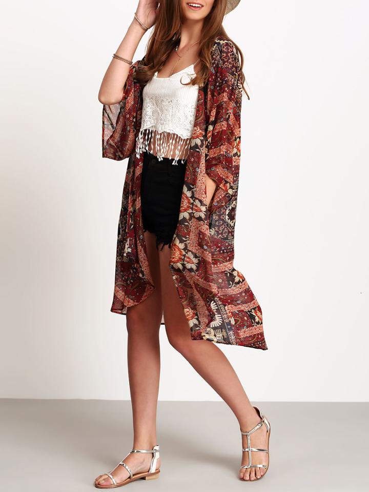 Shein Brown Tribal Print Sheer Chiffon Cardigan