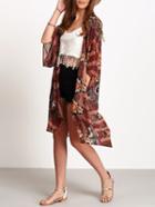 Shein Brown Tribal Print Sheer Chiffon Cardigan