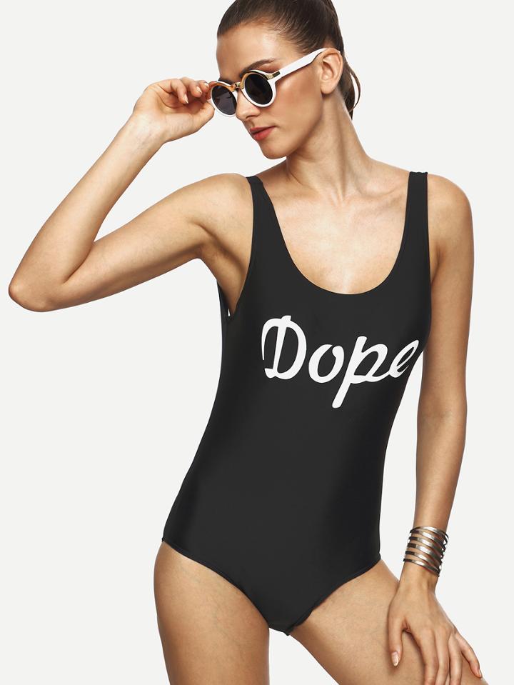 Shein Black Letter Print Backless One Piece Swimwear