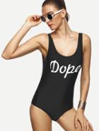 Shein Black Letter Print Backless One Piece Swimwear