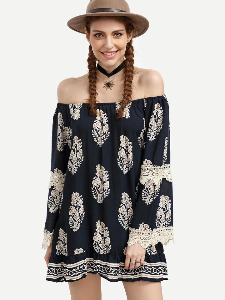 Shein Navy Vintage Print Crochet Trim Off The Shoulder Dress