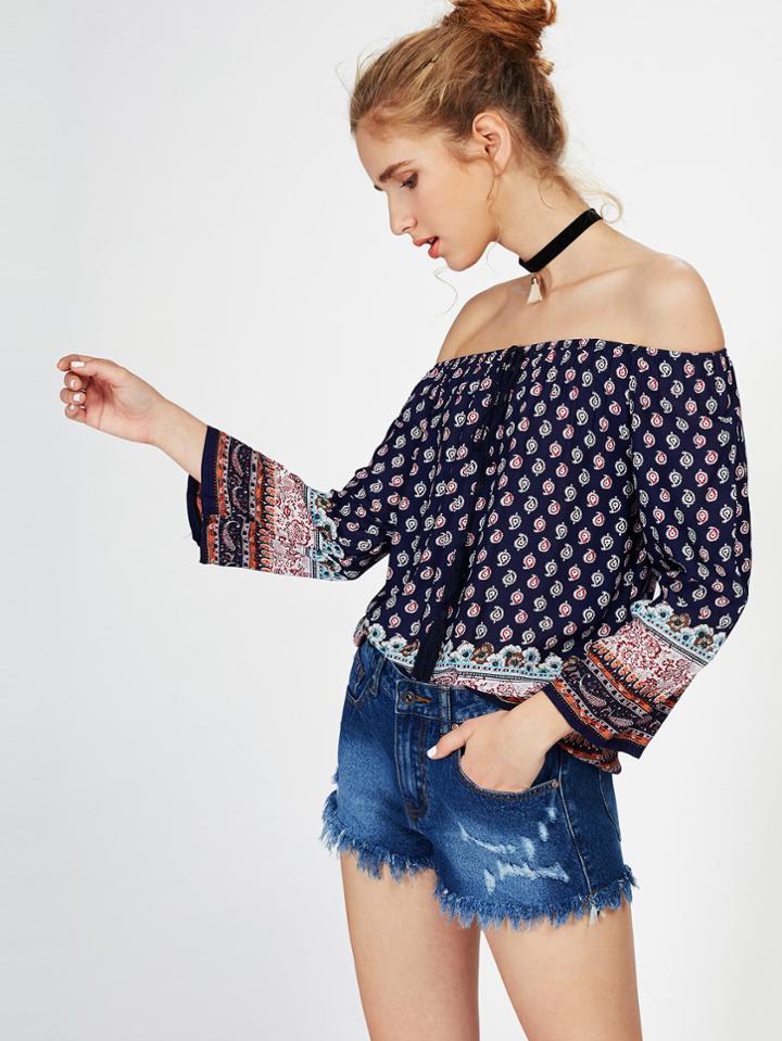 Shein Bardot Tassel Tie Ornate Print Top