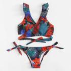 Shein Tropical Print Ruffle Wrap Bikini Set