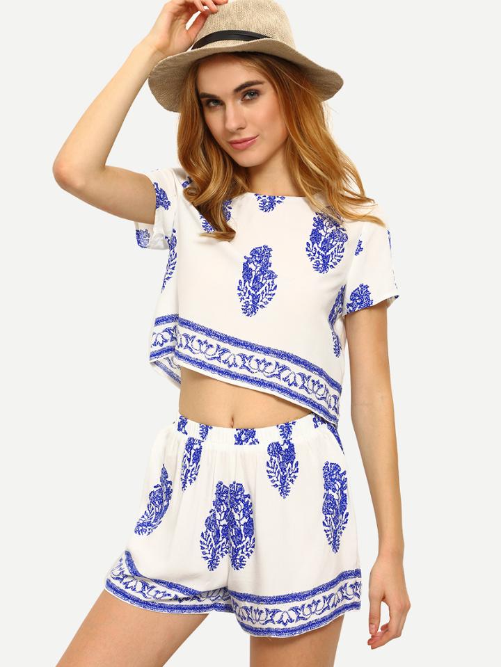 Shein Multicolor Print Short Sleeve Twopieces