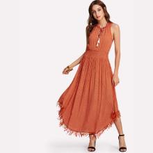 Shein Tassel Tie Neck Lace Trim Polka Dot Dress